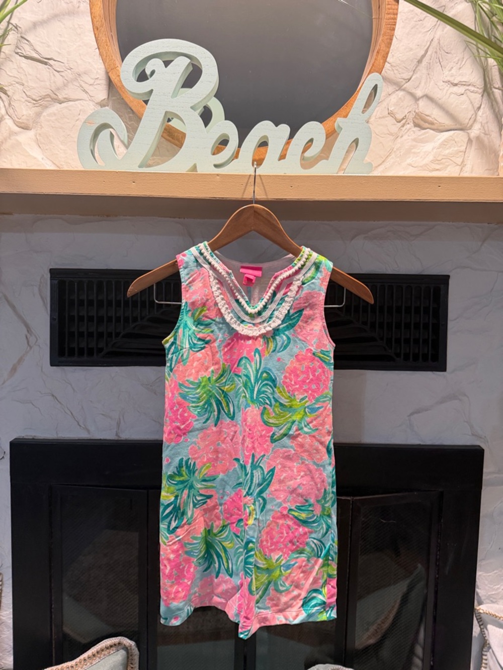 Lilly Pulitzer Girls Pink & Green Tropical Print Sleeveless Dress